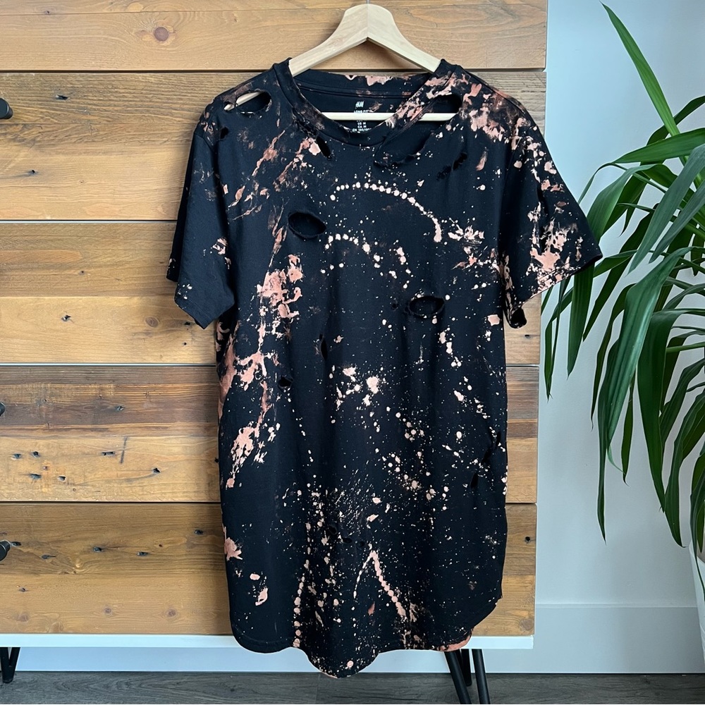 H&M Long Fit Curved Hem Custom Distressed Tee